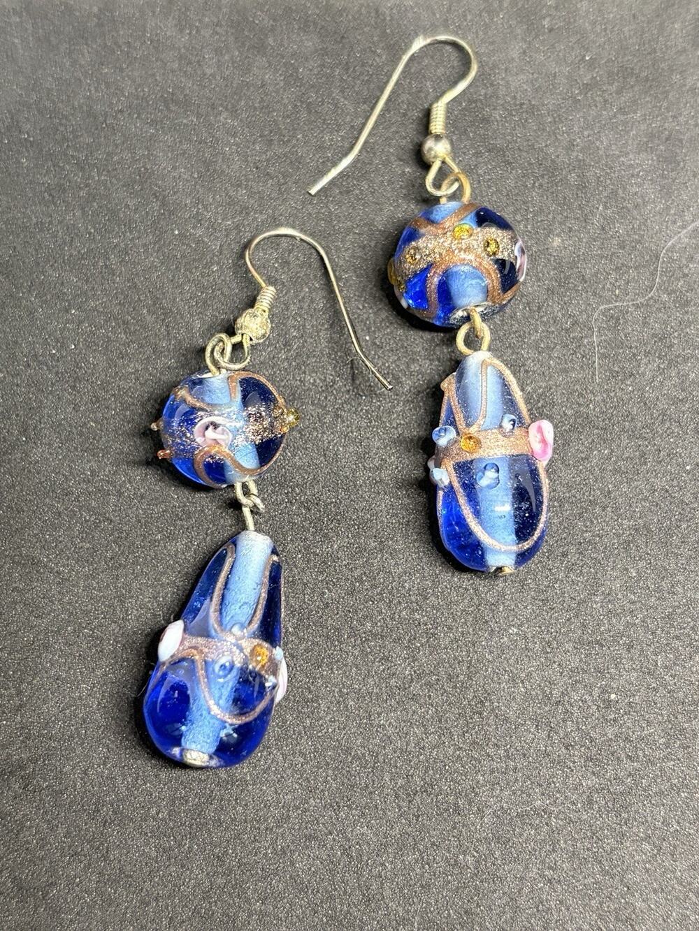 Vintage Murano Venetian Glass Wedding Cake Cobalt Bead Leverback Pierce Earrings